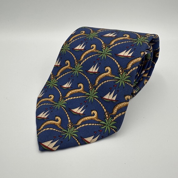Salvatore Ferragamo Mens Silk Tie Blue Nautical Palm Tree Sailboat Made in Italy - Picture 1 of 9
